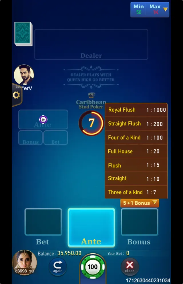 Caribbean Stud Poker game interface screenshot 4